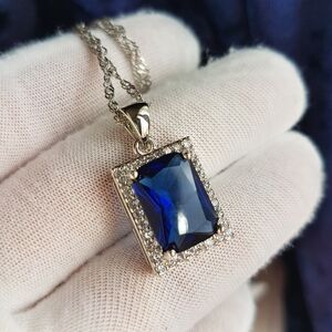 Swarovski Elements 925 Sterling Silver Emerald-cut Blue Pendant Necklace NEW